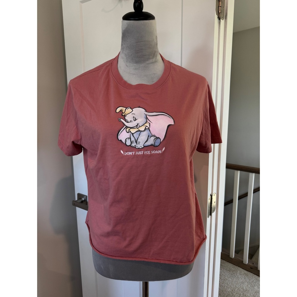 Disney Store Dumbo Graphic T-Shirt Rose Pink Raw Hem XL Don't Just Fly Soar